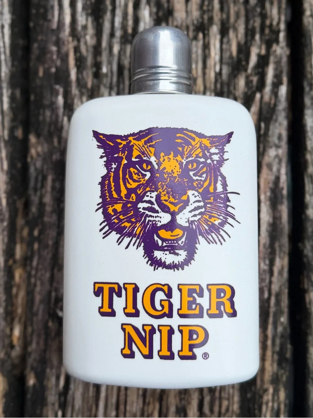 Vintage LSU Tigers “Tiger Nip” White Plastic Flask Purple Gold Tiger Graphic P6